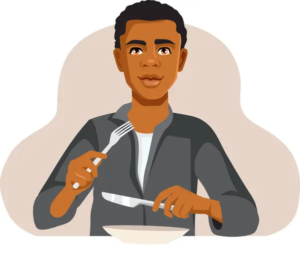 Glücklicher Mann Auf Diät Essen Mit Besteck Vector Cartoon Illustration — Stockvektor