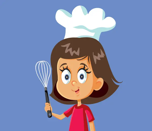 Alegre Chef Chica Con Sombrero Whisk Vector Personaje Dibujos Animados — Vector de stock