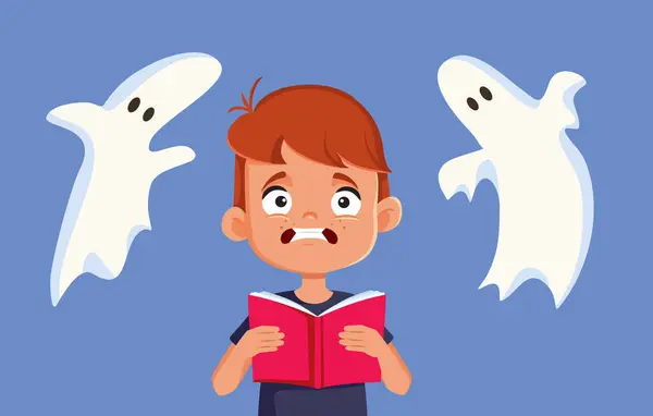 Scared Little Boy Reading Horror Story Vector Cartoon Illustration — ストックベクタ