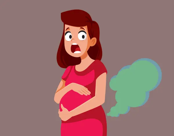 Embarrassed Pregnant Woman Being Bloated Farting Vector Cartoon — Stock Vector