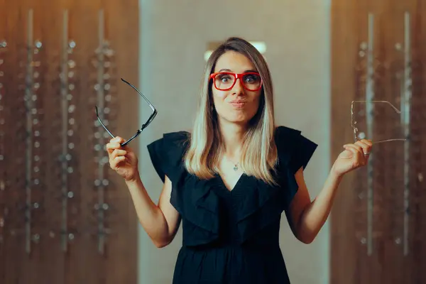 Undecided Woman Choosing New Eyeglasses Frame — Stock Photo, Image