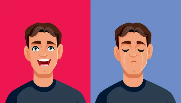 Cheerful Man Changing His Mood Sad Vector Cartoon — Stock Vector