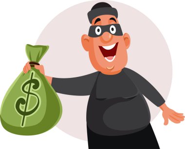 Bir çanta dolusu para vektörü taşıyan komik hırsız çizgi film karakteri