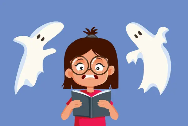 Little Girl Reading Horror Story Vector Cartoon Illustration — Stock Vector