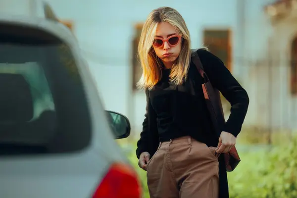 stock image Woman Forgetting her Keys Waiting Next to a her Car 