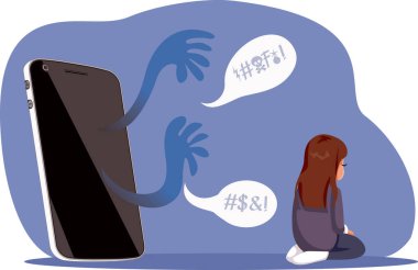 Çevrimiçi Olumsuz Yorumlar Vektör İllüstrasyonundan Küçük Kız Üzgün