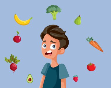 Sağlıklı Yeme Vektörü Çizgi Filmini Düşünen Kafası Karışık Genç Çocuk