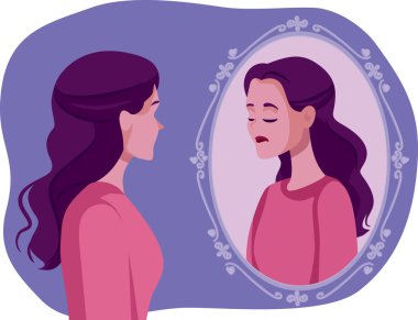 Depresyondaki Kadın Aynaya Bakıyor Endişeli Vektör İllüstrasyonu