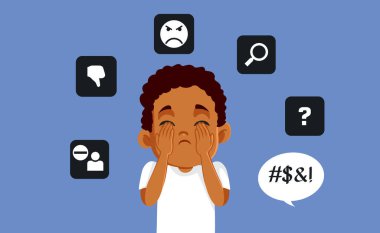 Çevrimiçi Zorbalık Vektörü İllüstrasyonundan Mutsuz Çocuk Acı Çekiyor