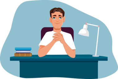 Masasında oturan Mutlu Adam Vektör Çizgi Film Çizimi