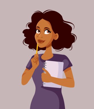 Bir Kalem ve Defter Tutan Kadın Düşünen ve Planlayan Vektör Çizgi Filmi