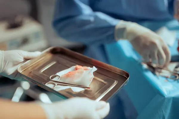 stock image Surgery Nurse Carries a Tray with Gauze and Medical Instruments