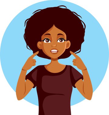 Mutlu Neşeli Genç Kadın Kusursuz Dişli Vektör Çizgifilmini gösteriyor