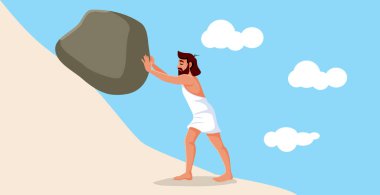 Mitolojik Sisyphus Dağ Vektörü Çiziminde Bir Kaya Yuvarlıyor