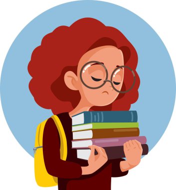 Kederli Öğrenci Bir Çok Kitap Taşıyor Vektör Çizgi Film İllüstrasyonu