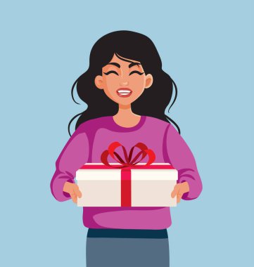 Neşeli Kadın Bir Hediye Kutusu Vektör Karakteri Tutuyor