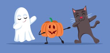 Dans Eden Hayalet Cadılar Bayramı Balkabağı ve Kara Kedi Vektör Çizgi Filmi