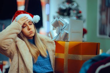 Stressed Christmas Woman Shopping in Fashion Store  clipart