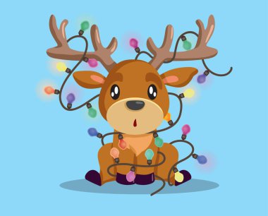 Noel Işıklarına Karışan Komik Ren Geyiği Vektör Çizgi Film Karakteri