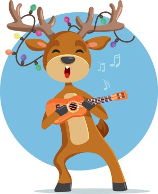 Mutlu Ren Geyiği Ukulele 'yi Çalıyor Yüksek Sesli Çizgi Film Vektörü