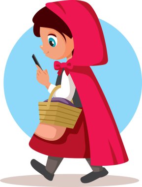  Kırmızı Başlıklı Kız Mesajlaşıyor ve Yürüyen Vektör Çizgi Filmi