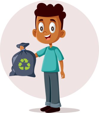 Geri Dönüşüm Sembol Vektörlü Çöp Torbası Tutan Çocuk Çizgi Filmi