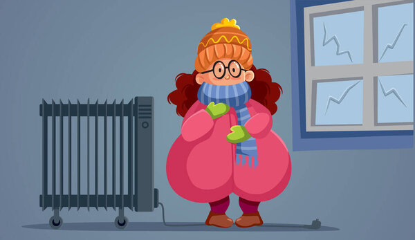 Vector Woman Wearing Warm Clothing Having No Indoor Heat