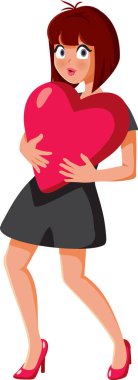 Sevgililer Günü 'nü Bekleyen Neşeli Kadın Büyük Kalp Taşıyıcı Karakteri