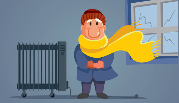 Man Dressed in Warm Clothing Standing in Cold Home Vector Illustration