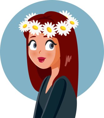 Çiçekli Bahar Kızı Crown Vector Çizgi Film İllüstrasyonu