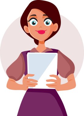 Elinde PC Tablet Vektör Çizgi Filmi İllüstrasyonuyla Gülümseyen Kadın