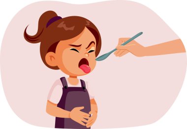 Annesinin Vektör Çizgi Filmini Sunduğu Yemeklerden İğrenen Mutsuz Kız