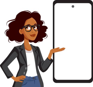 Bir Telefon Vektörü Çizgi Filminin Yanında Duran Kadın