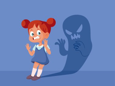 Korkmuş küçük kız kendi Gölge Vektörü 'nden korkuyor.