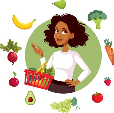 Alışveriş Sepetli Mutlu Kadın Bakkal Vektörü İllüstrasyonu Satın Alıyor