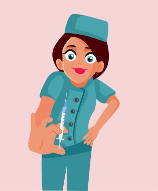 Gülümseyen Hemşire Şırınga Vektörü Karakteri