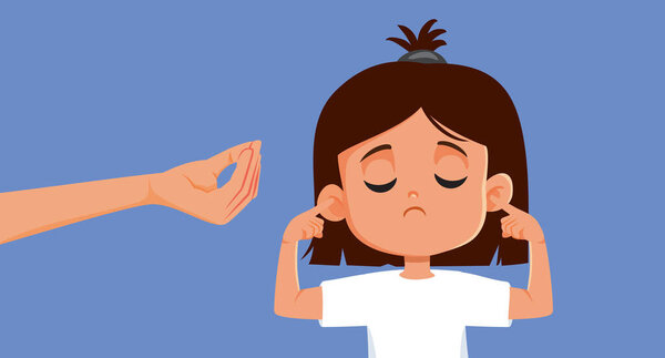 Disobedient Girl Covers Her Ears When Parent Explains Vector Cartoon