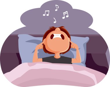 Gürültülü müzik vektörü çizgi filmi yüzünden uyuyamayan çocuk