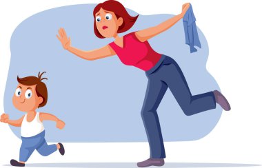 Anne oğlunu yakalamaya çalışıyor ona pijama vektörü çizgi filmi vermek için.