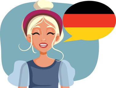 Alman Vektör İllüstrasyonunu Konuşmayı Öğrenen Mutlu Kadın