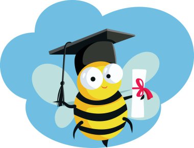 Happy Bee Mezuniyet Anaokulu Vektör Çizgi Filmi Karakteri. Okul mezuniyet kutlaması için eğitim maskotu