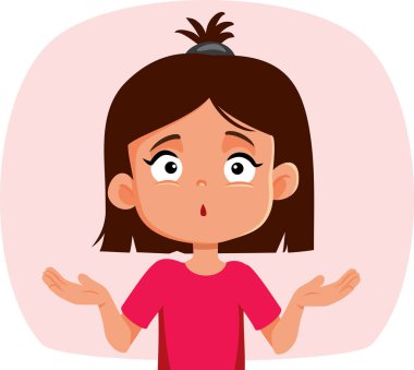 Küçük Kız Belirsiz Vektör Karakteri Omuz silkiyor. Küçük çocuk ne yapacağını bilemiyor. Şaşırmış ve meraklı hissediyor.