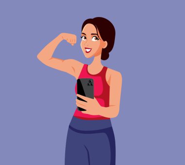 Kendine güvenen Sportif Kadın Selfie Vektör Karikatürü Çekiyor