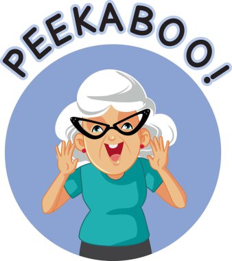 Neşeli Büyükanne, Peekaboo Oyun Vektörü Çizgi Filmi Karakteri 'ni oynuyor. Torunuyla eğlenirken gözetleyen mutlu büyükanne.