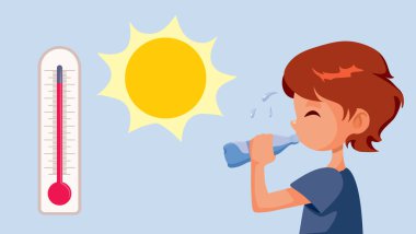 Çocuk, Sıcak Vektör Çizgifilminde çok fazla su içiyor. Küçük çocuk sıcak hava dalgası sırasında terlemekten kaçınıyor. 