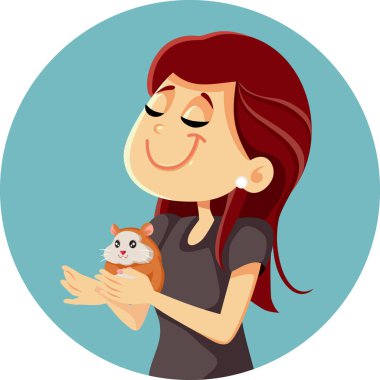 Mutlu Kadın Bir Hamster Vektör İllüstrasyonunu Tutar ve Bakar