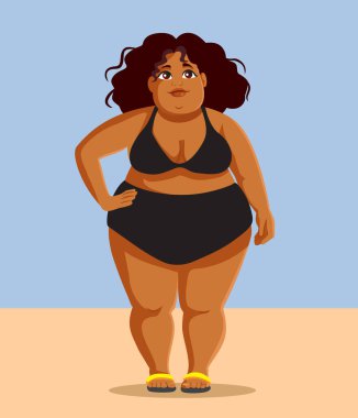 Siyah mayo giyen kıvrımlı kadın vektör çizgi film çizimi