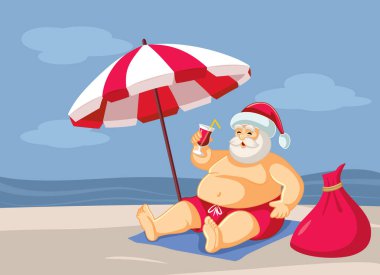Noel Baba Kokteyl Vektörü çizgi filmiyle sahilde oturuyor.