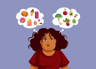 Sağlıklı ve Sağlıksız Vektör Karikatürü Arasında Seçen Kadın