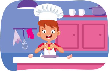 Evde Yardımcı Vektör Çizgi Filmi Olmayan Küçük Fırıncı Pişirme. Neşeli ve bağımsız çocuk şef sıfırdan yemek tarifi yapıyor.